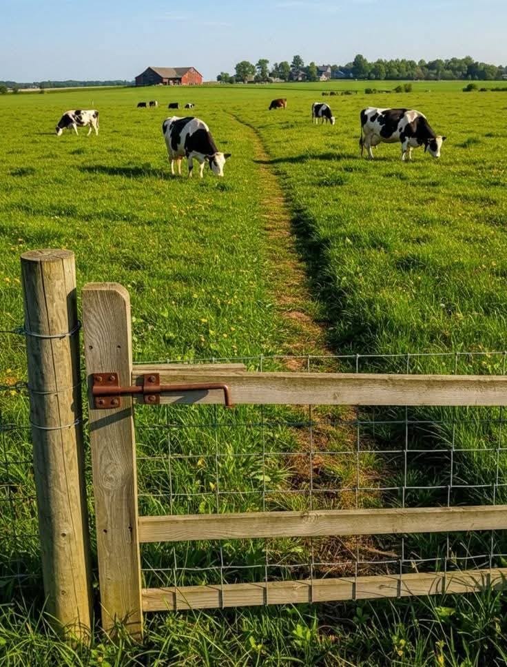 Dairy cows grazing on lush green pasture behind a wooden gate