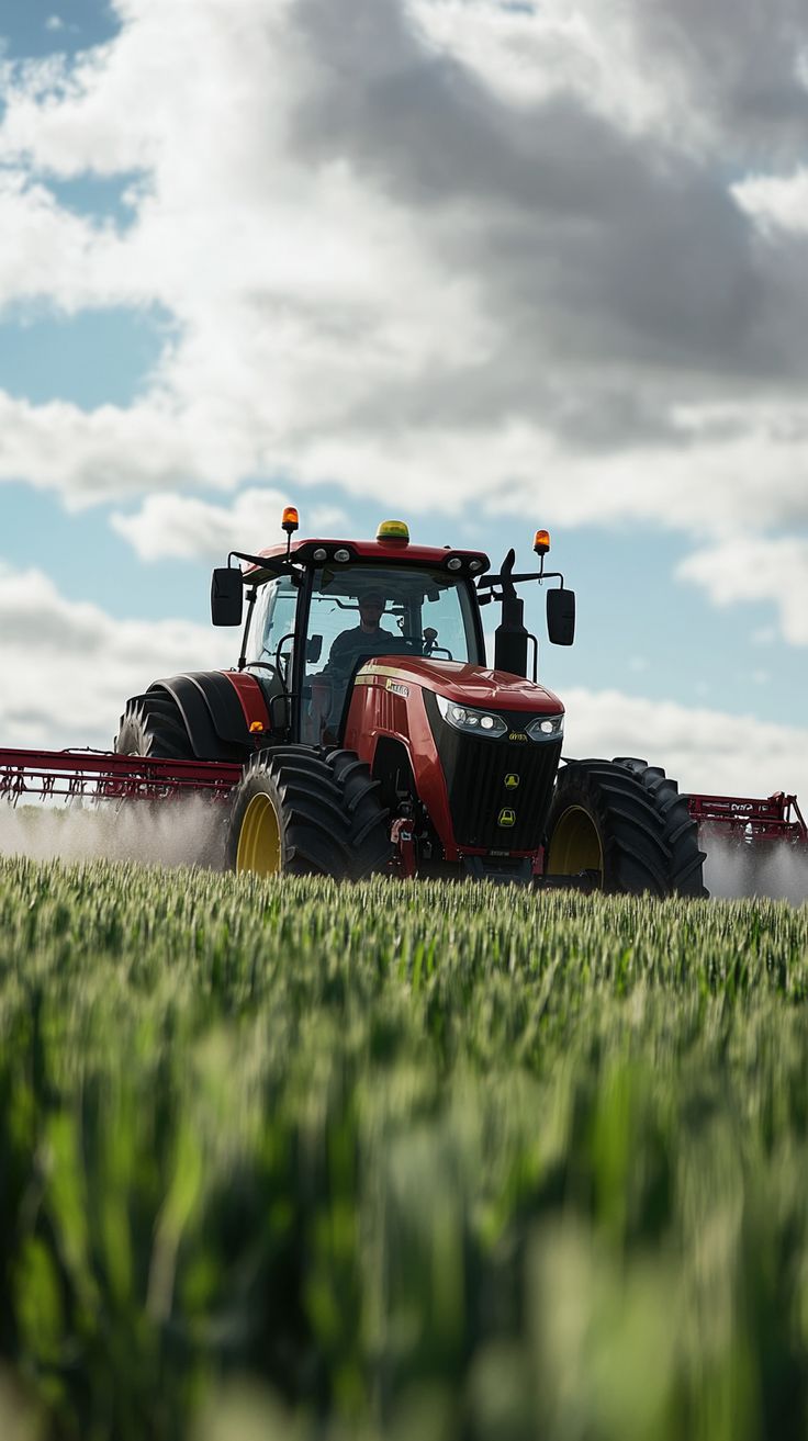 Modern tractor working green farmland under a cloudy sky