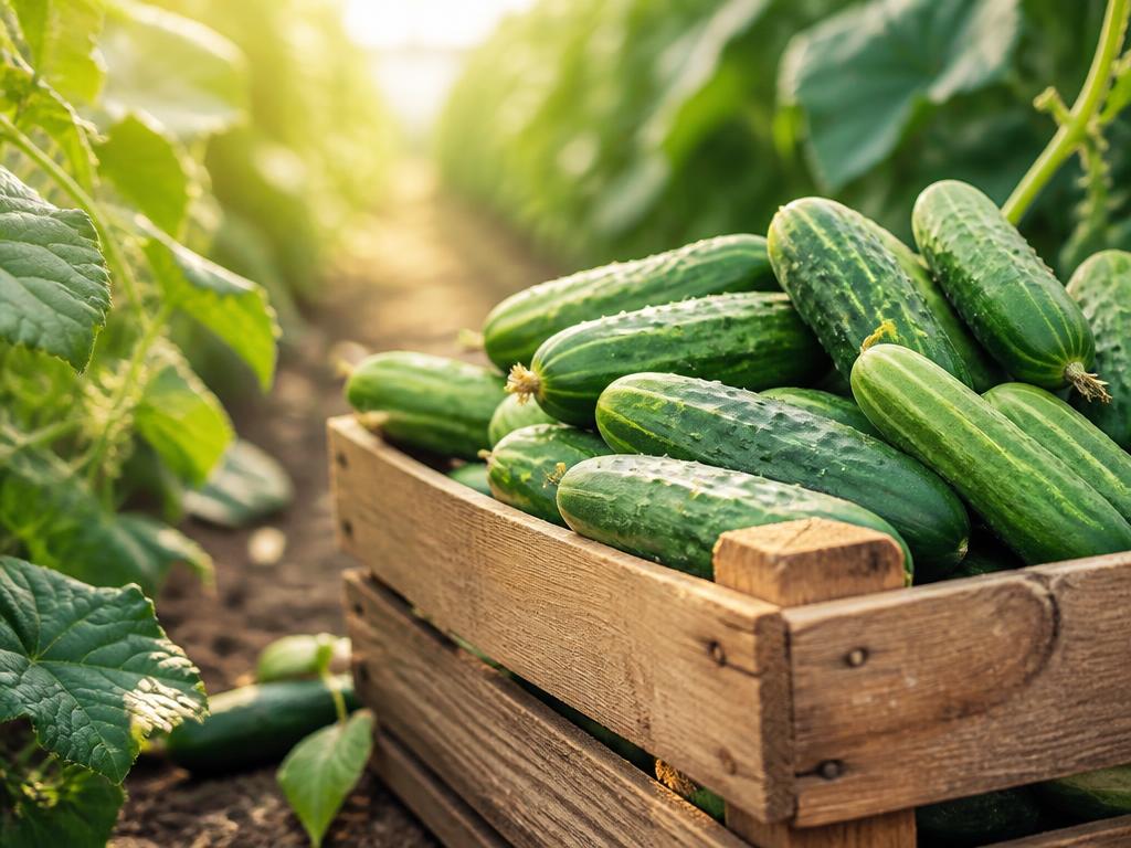 Wooden crate of harvested cucumbers at BV Farms