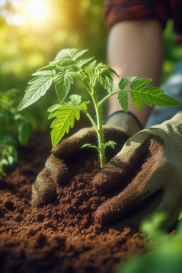 Farmer planting a young vegetable seedling