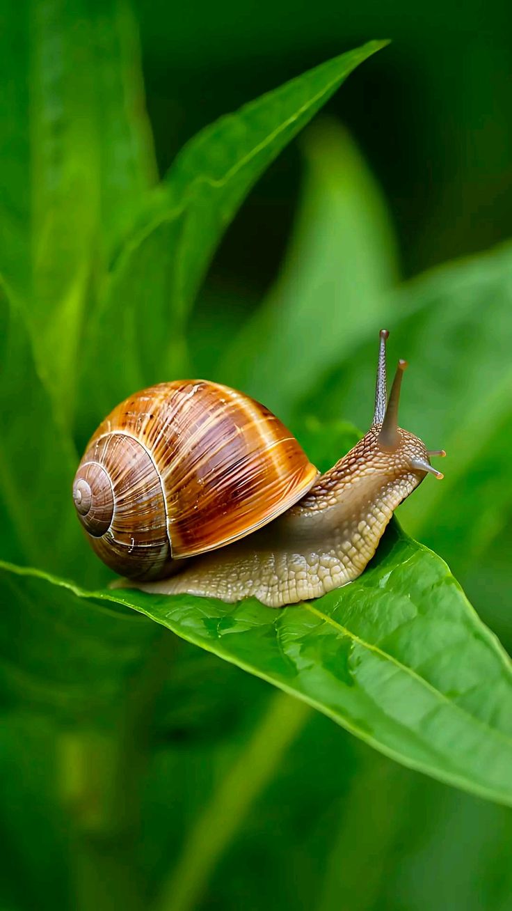 Giant land snail on a green leaf