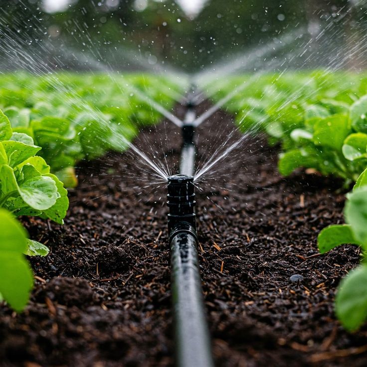 Irrigation sprinkler watering rows of fresh green crops
