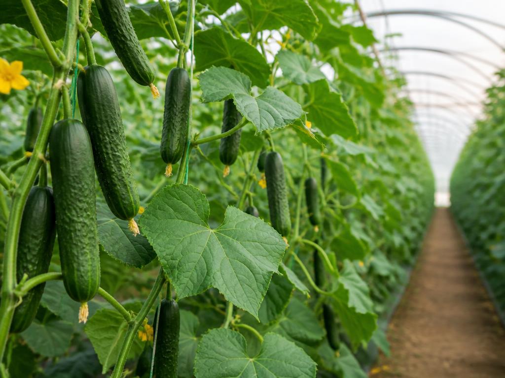 Cucumbers growing on trellised vines in a greenhouse at BV Farms