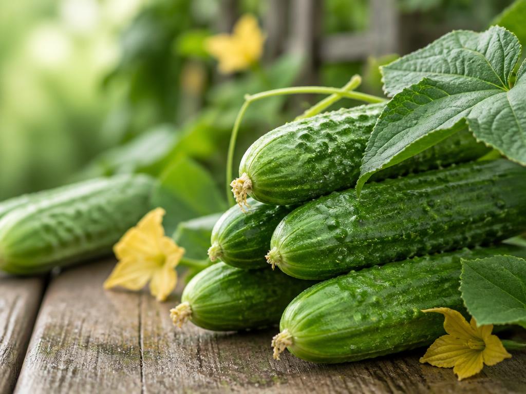 Freshly harvested cucumbers with leaves and flowers at BV Farms