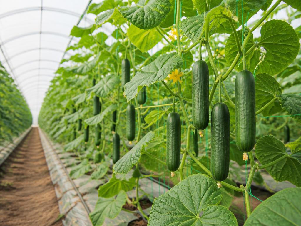 Rows of trellised cucumber plants in a protected tunnel at BV Farms