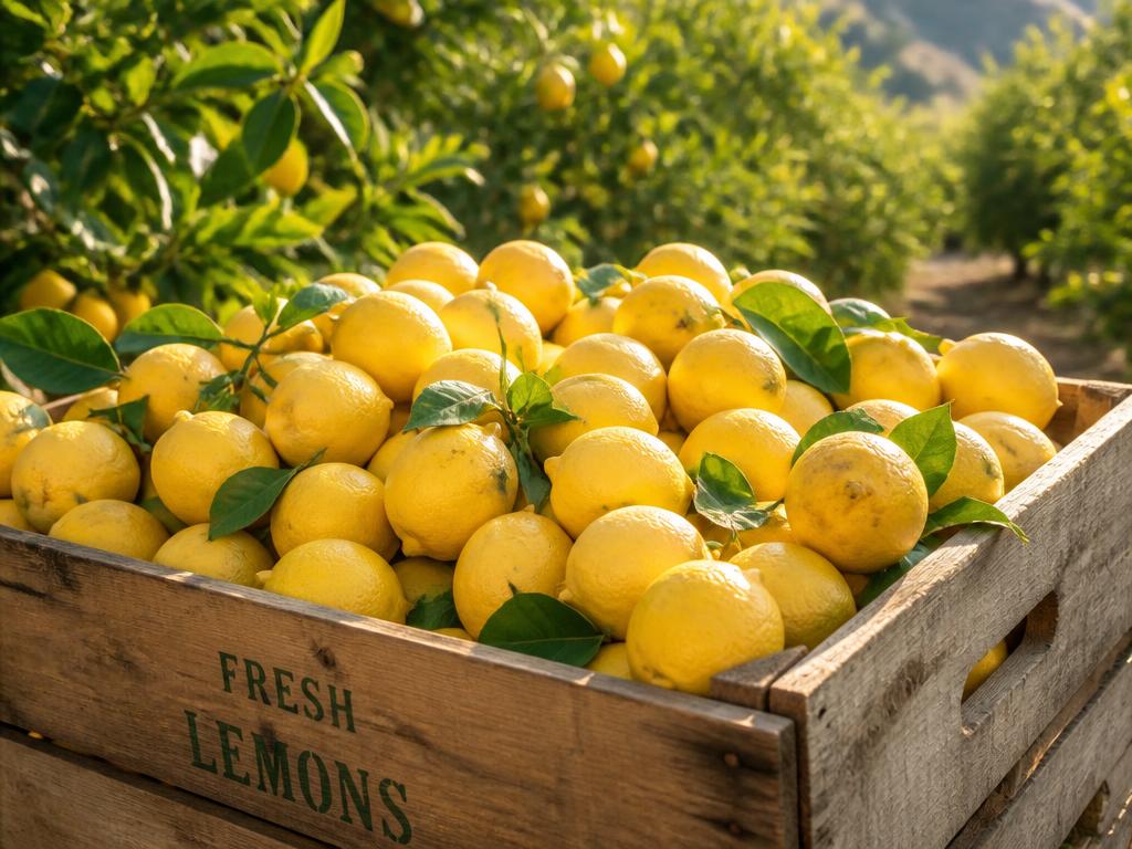 Crate of harvested lemons at BV Farms