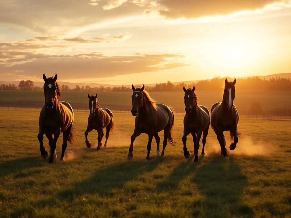 Horses running across open farmland