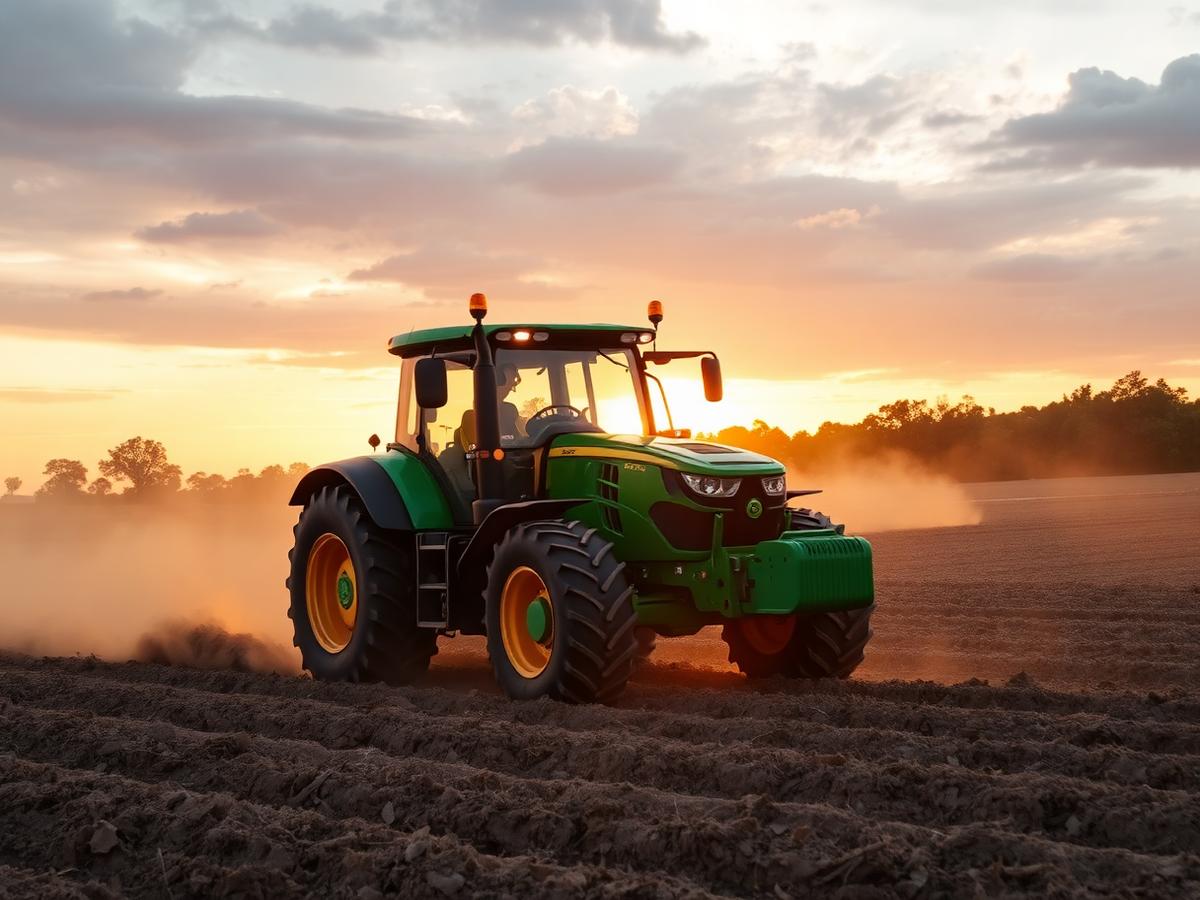 Tractor working the fields at sunset
